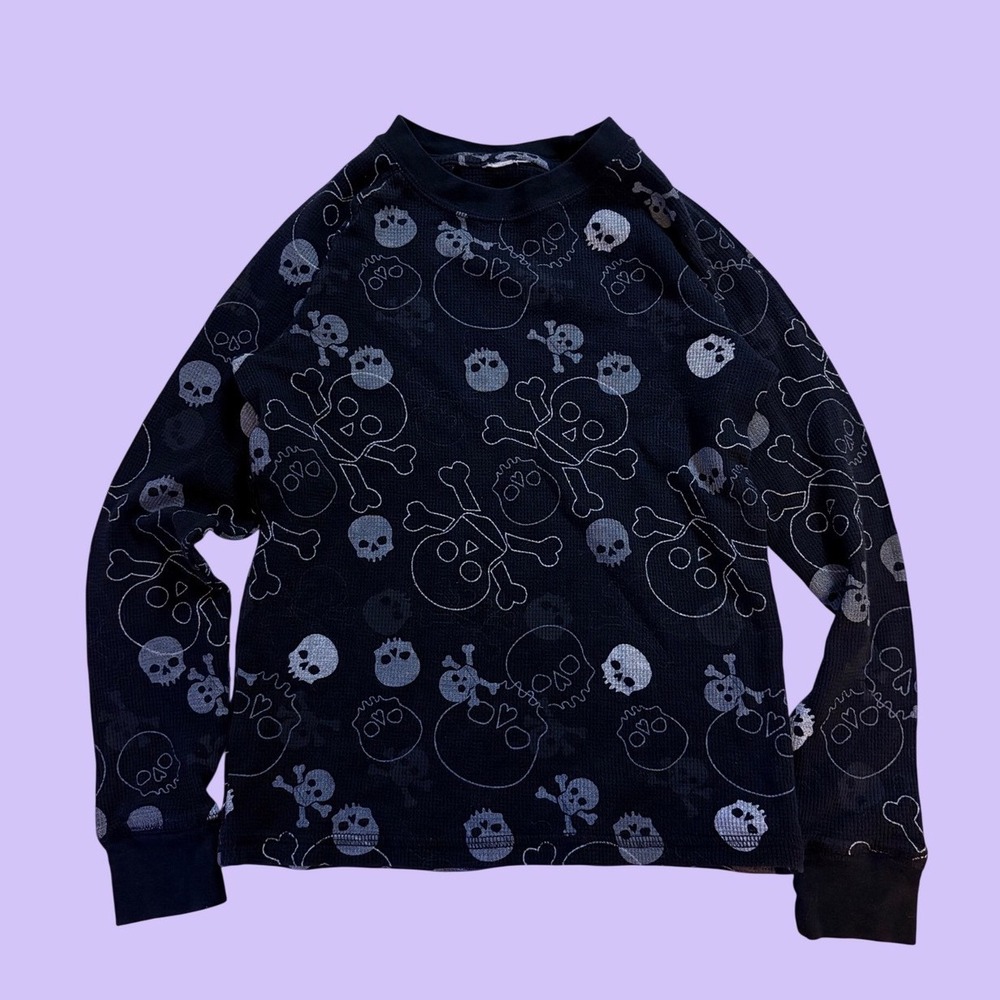 Y2K Skull Crossbones Waffle Knit Thermal Long Baby Tee Sleeve Top Gothic #18